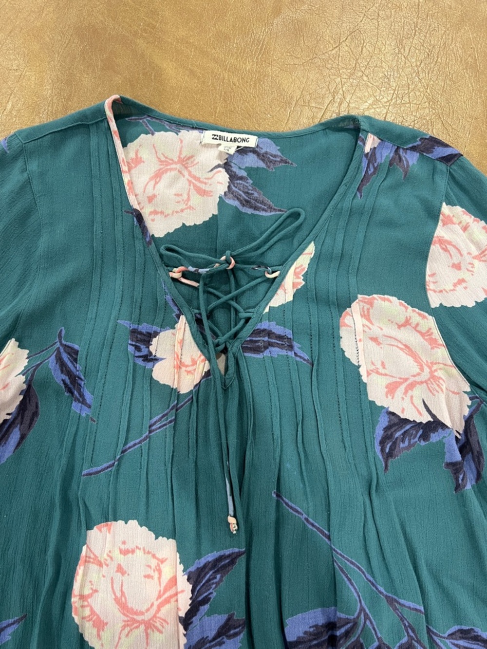 Billabong Teal Floral Lace-Up V-Neck Tunic with Pink Blooms - Picture 2 of 8